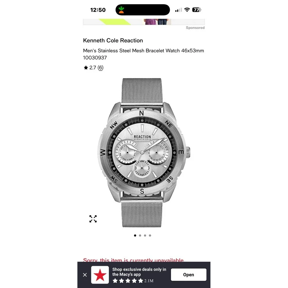 Kenneth Cole Reaction Men's Stainless Steel Mesh Bracelet‎ Watch 10030937 (5434)
